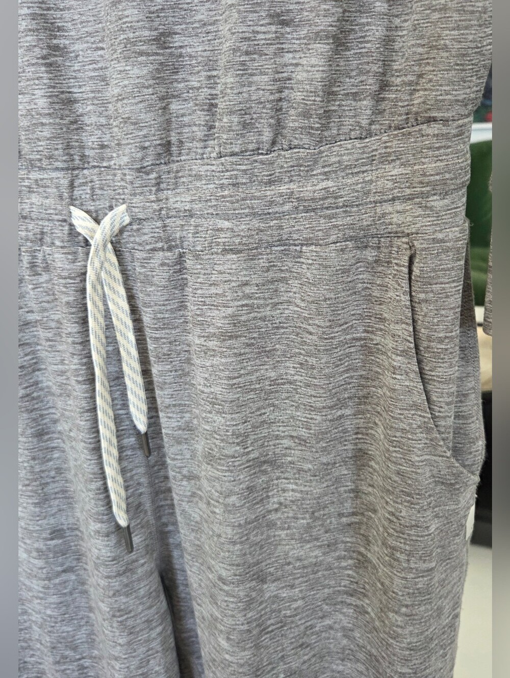 Vuori Lux V-Neck Jumpsuit Long Sleeve, Heather Gray - Drawstring + Side Pockets - Picture 3 of 6